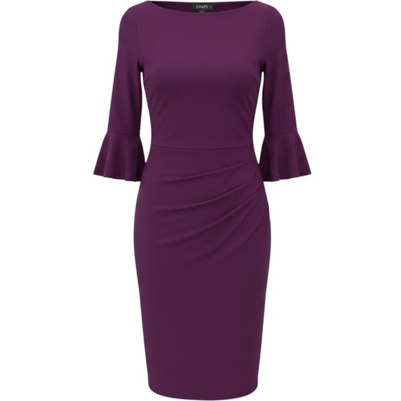 Chaps Dresses & Skirts - Chaps Womens Plum Bell Sleeve Ruched Sheath Dress Size L Cocktail Business